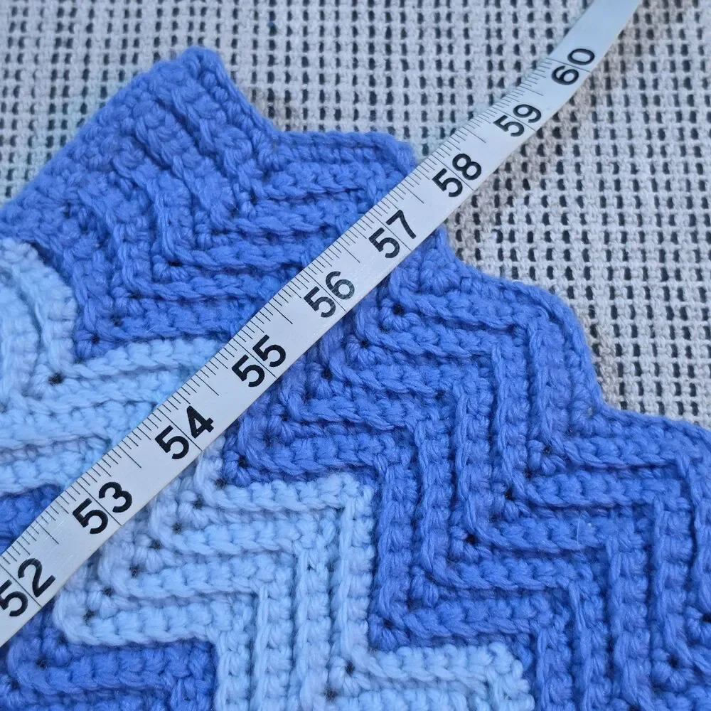 Vintage Wool Crochet Chevron Afghan Blanket 58x38” Blue Indigo Waves Retro Throw